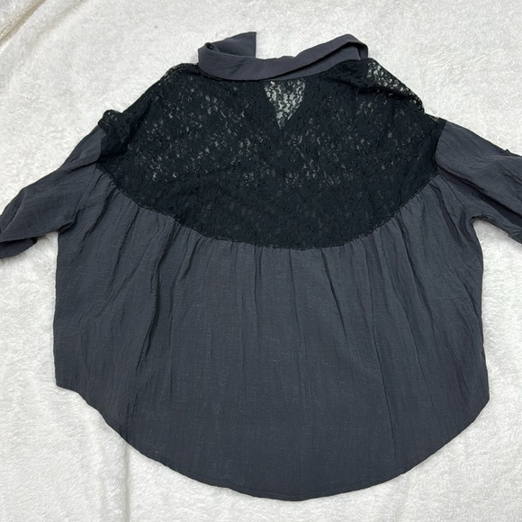 FREE PEOPLE SWING BUTTON DOWN TOP MIXED MEDIA LACE SEMI CROPPED LOOSE - Picture 5 of 7